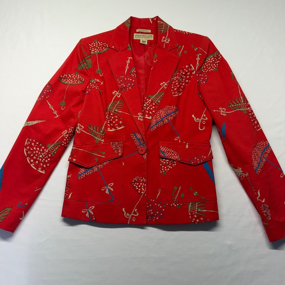 Vintage 90s Jones New York Country Umbrella Print Red Blazer Womens 6 Novelty